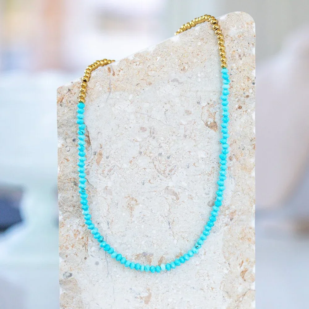 STUNNING Turquoise Beaded Necklace Waterproof Gold Beads & Chain Summer Necklace
